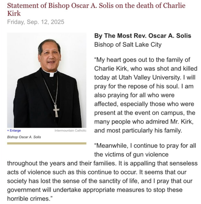 Bishop Solis Statement on Charlie Kirk